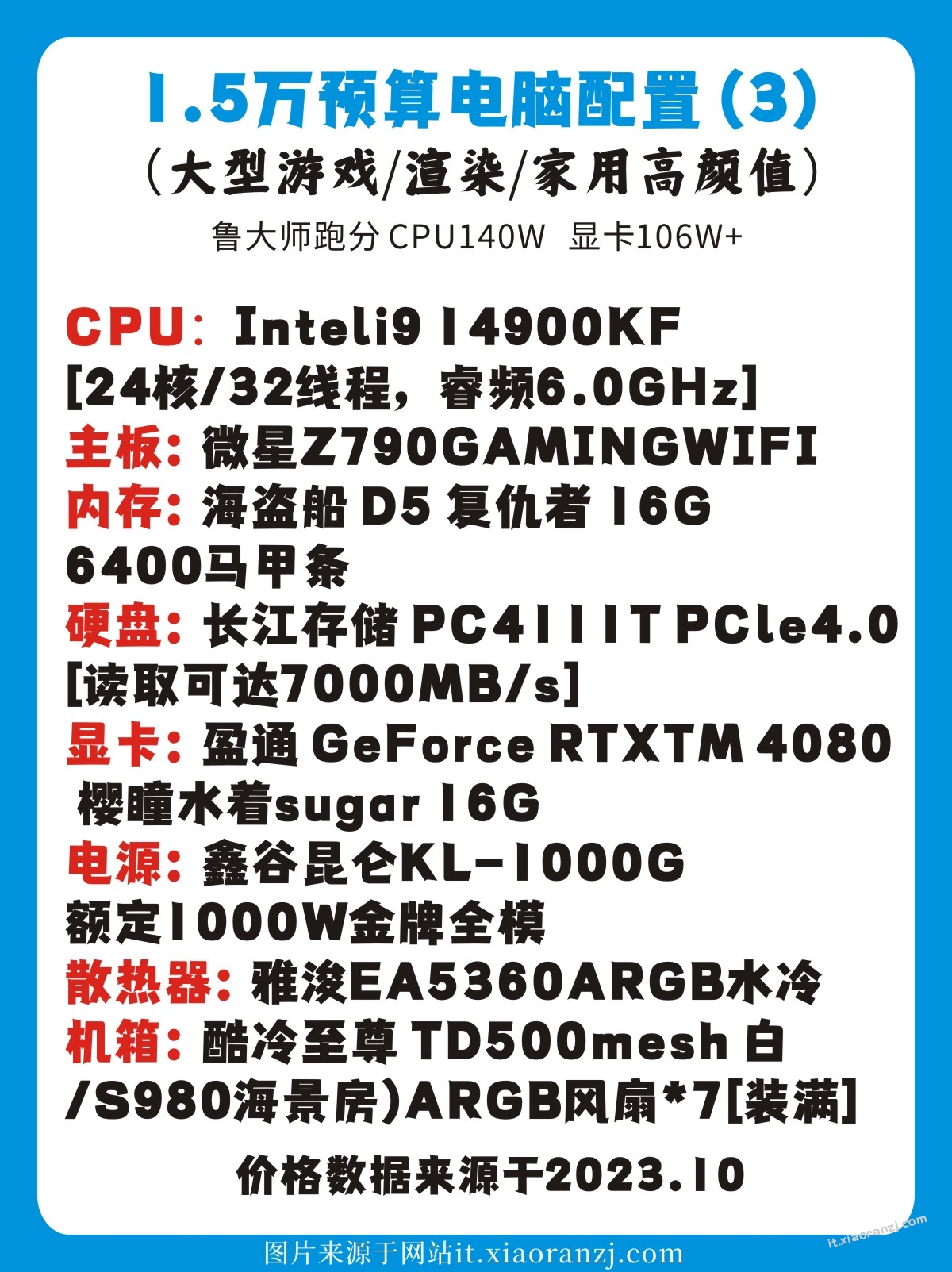 【Intel】14代1.5万预算电脑配置 i9 14900KF+RTXTM 4080大型游戏/渲染/家用高颜值